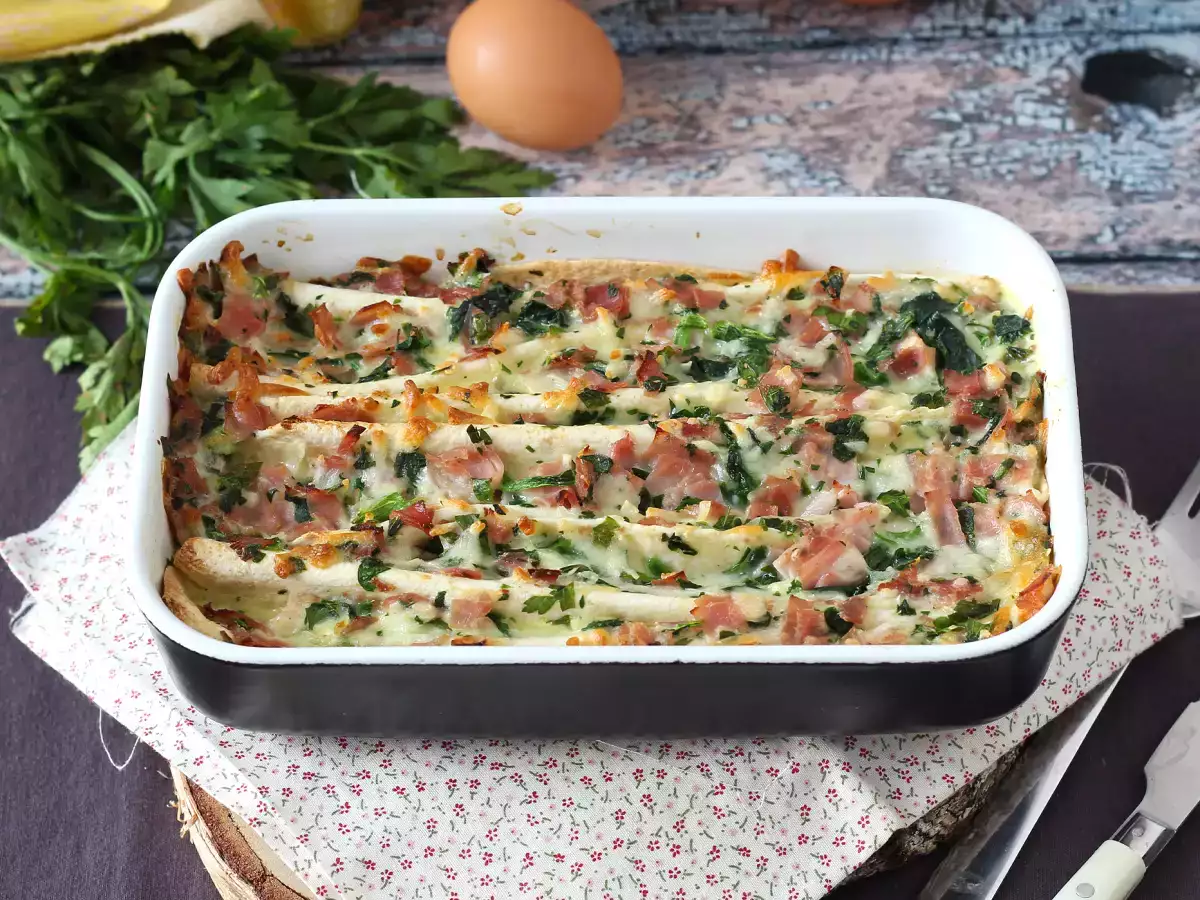 Recept Čo robiť s tortillami zapekaná šunka, špenát a mozzarella na spôsob mrveničkového koláča