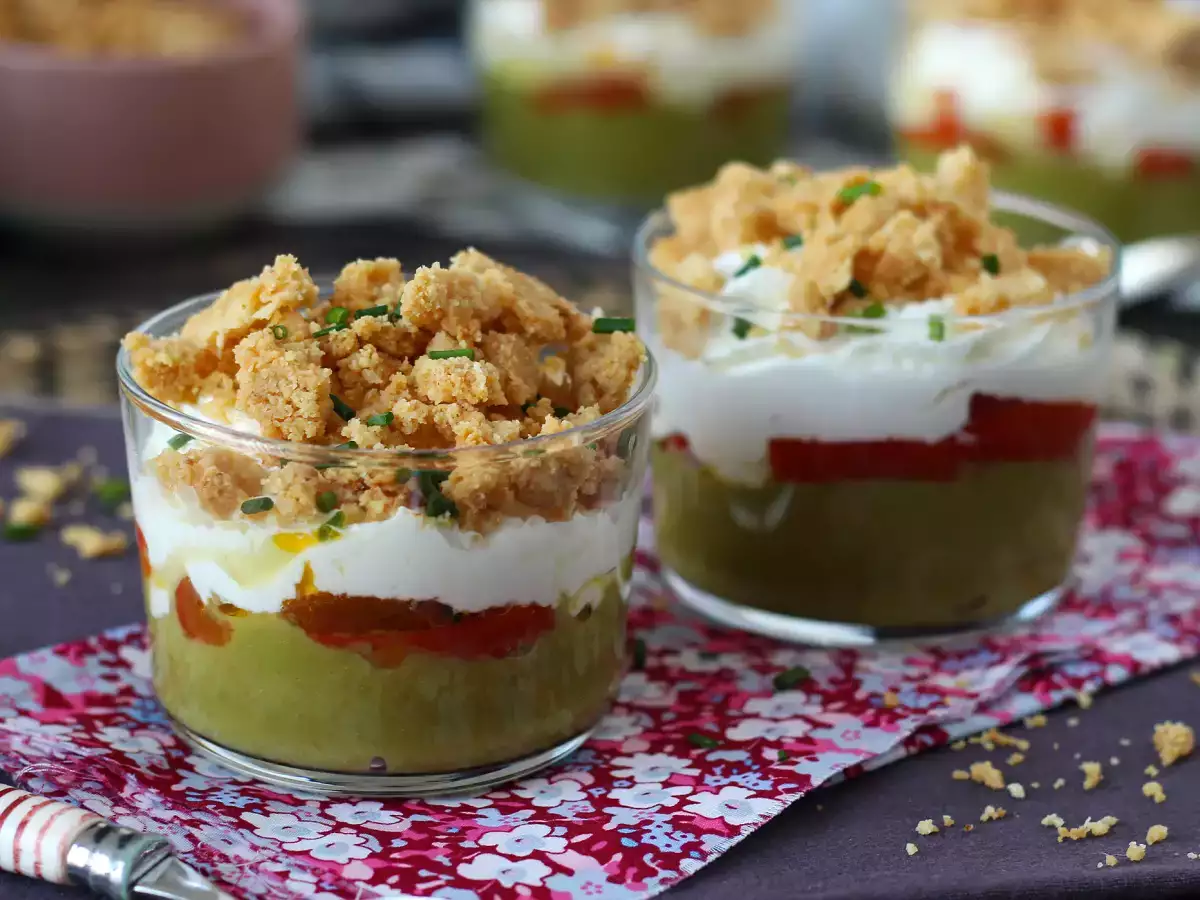 Recept Vegetariánske verrines: hrachový krém, parmezánová omrvinka a mascarpone krém