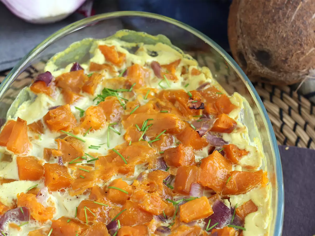 Recept Zapekané sladké zemiaky ochutené kokosovým mliekom a kari