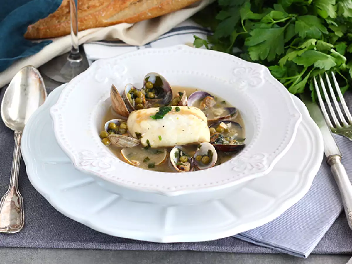 Recept Dusený merlúza, mušle a hrášok