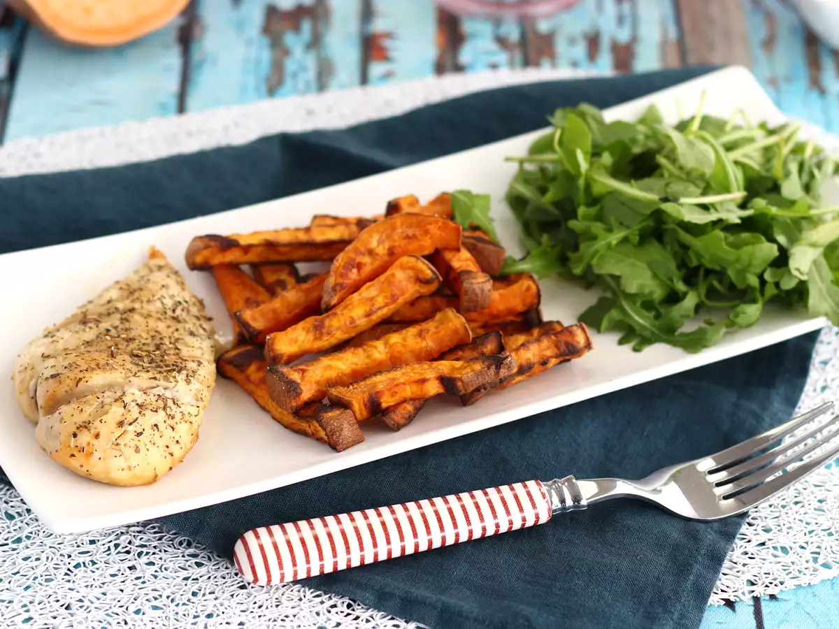 Recept Sladké zemiaky pečené v rúre (s kuracím mäsom)