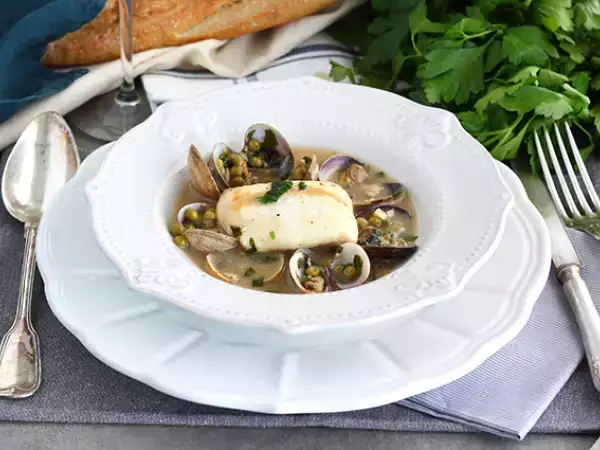 Recept Dusený merlúza, mušle a hrášok