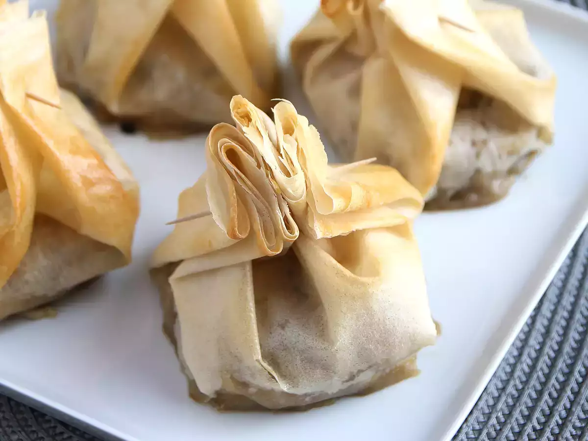 Extra chrumkavé huby, syr Brie a hrušky aumônières