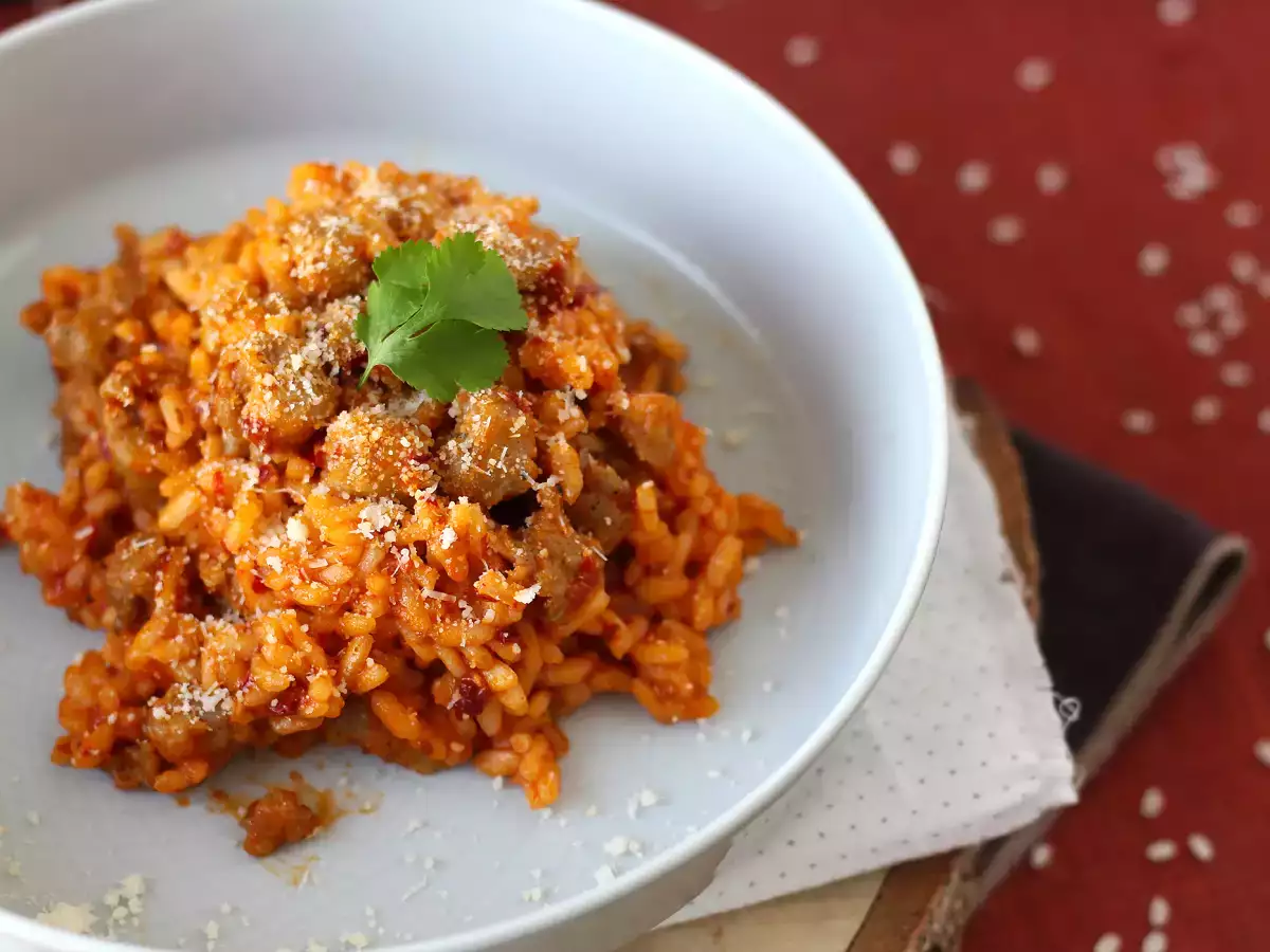 Rizoto 'nduja a klobása, prvý chod s intenzívnou chuťou