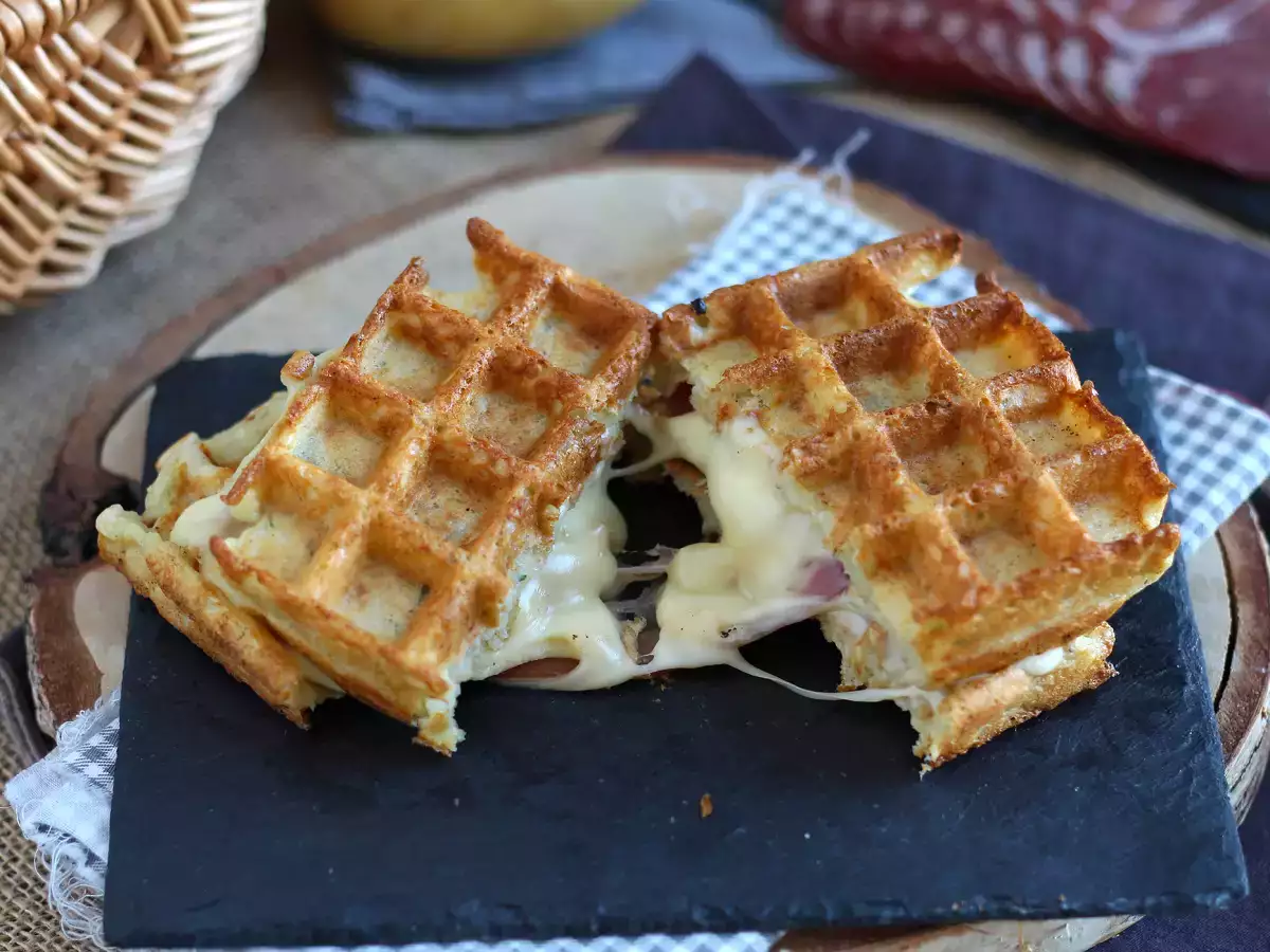 Sendvič so zemiakovými vafľami a raclette, dokonalé pohodlné jedlo - foto 4